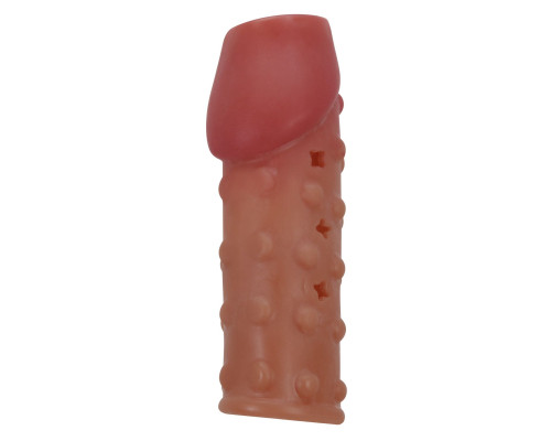 Телесная открытая насадка на пенис с бугорками - 19,8 см.
