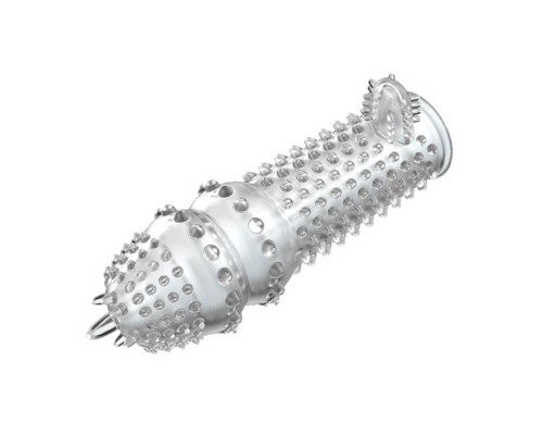 Прозрачная насадка на пенис с шипами и стимулятором клитора - 14,2 см.