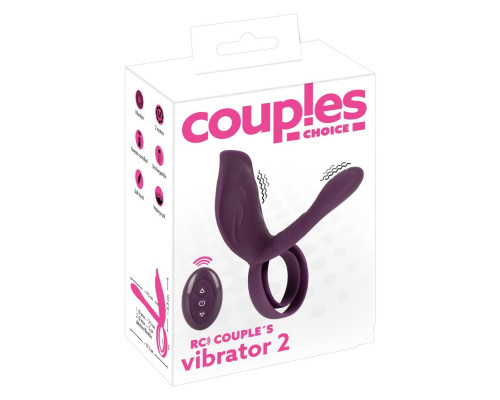 Фиолетовая насадка на член с клиторальным отростком и пультом ДУ RC Couple’s Vibrator 2
