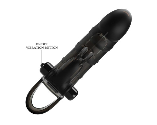 Черная закрытая насадка с подхватом мошонки и стимулятором клитора - 19,2 см.