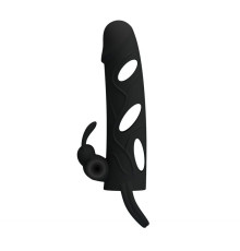 Чёрная насадка с клиторальным вибростимулятором и закрытой головкой - 14 см.
