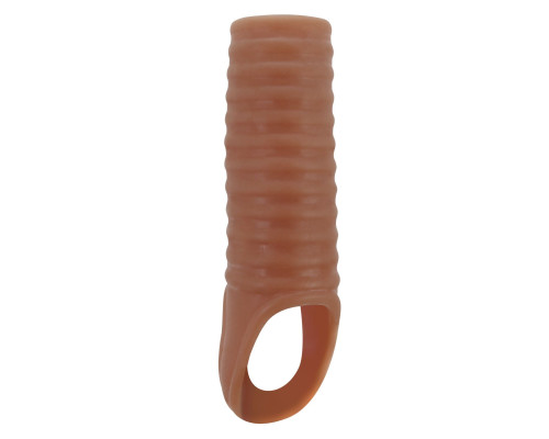 Телесная насадка на пенис с ребрышками и подхватом мошонки