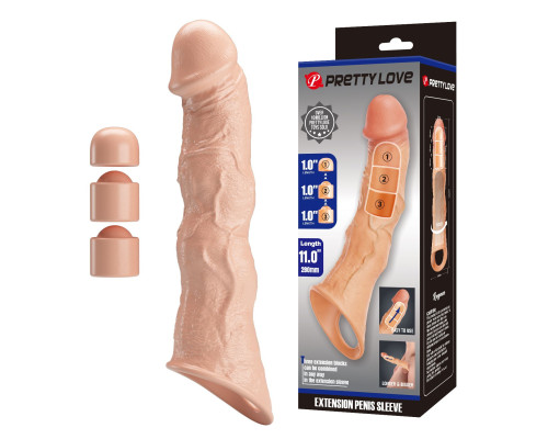 Телесный фаллоудлинитель с 3 вставками - 28 см.
