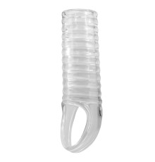 Прозрачная насадка на пенис с ребрышками и подхватом мошонки
