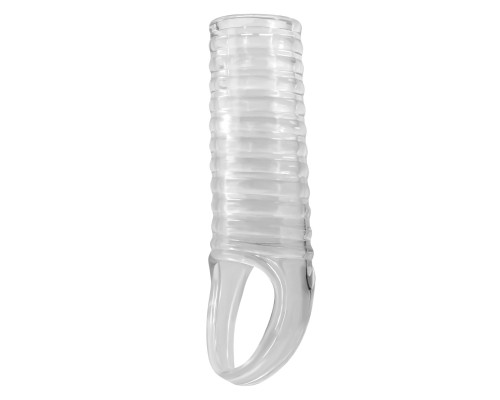 Прозрачная насадка на пенис с ребрышками и подхватом мошонки