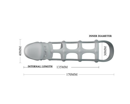 Серая силиконовая насадка на пенис с рельефом и подхватом - 17 см.