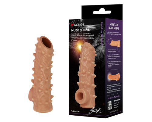 Телесная насадка с шипами и открытой головкой Nude Sleeve L - 14 см.