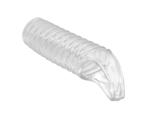 Прозрачная насадка на пенис с ребрышками и подхватом мошонки