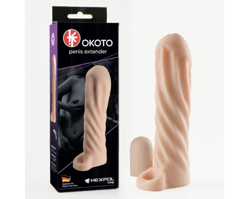 Телесная насадка-удлинитель Okoto со спиралевидным рельефом - 16 см.