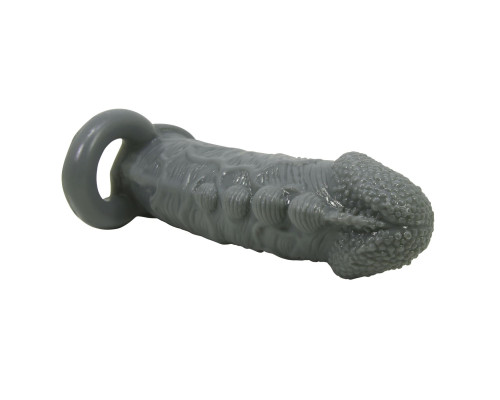 Серая насадка Jaylen с подхватом мошонки и наростами - 14 см.