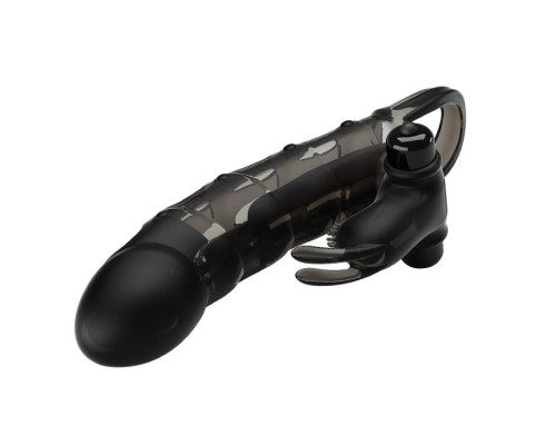 Черная закрытая насадка с подхватом мошонки и стимулятором клитора - 19,2 см.