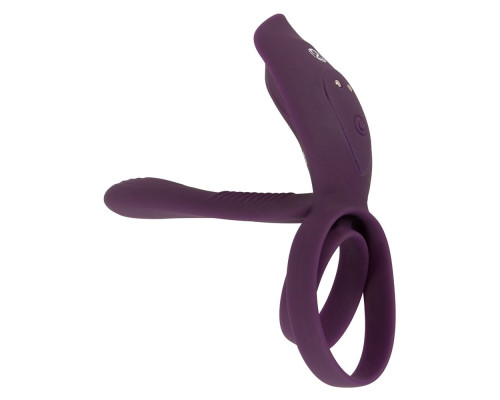 Фиолетовая насадка на член с клиторальным отростком и пультом ДУ RC Couple’s Vibrator 2