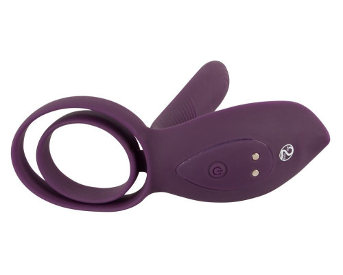 Фиолетовая насадка на член с клиторальным отростком и пультом ДУ RC Couple’s Vibrator 2