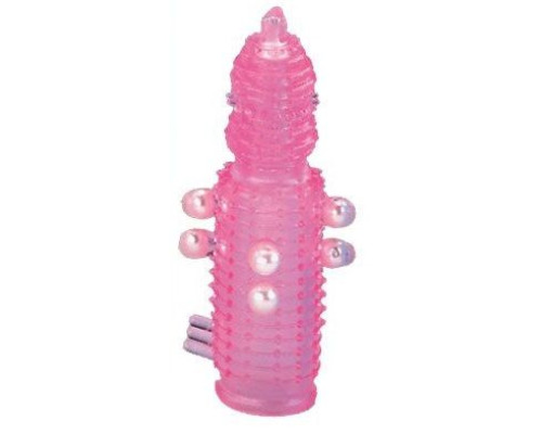 Розовая эластичная насадка на пенис с жемчужинами, точками и шипами Pearl Stimulator - 11,5 см.