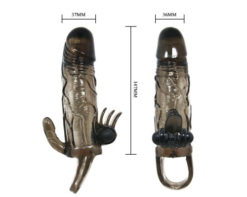 Дымчатая удлиняющая насадка с вибрацией и отростком для преданусного массажа