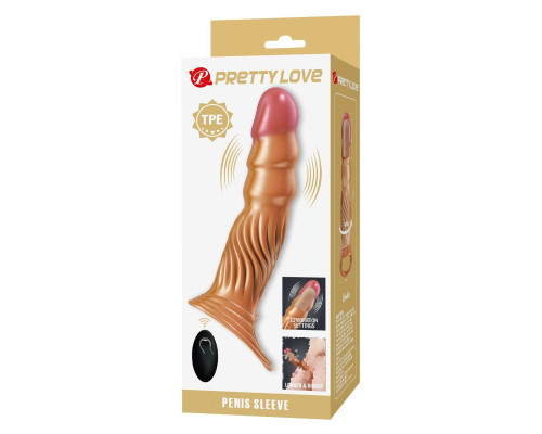 Карамельная удлиняющая насадка на пенис с вибрацией и пультом ДУ