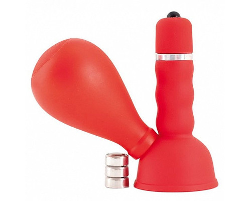 Красный вибратор с грушей на сосок