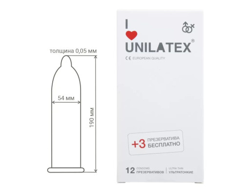 Ультратонкие презервативы Unilatex Ultra Thin - 12 шт. + 3 шт. в подарок