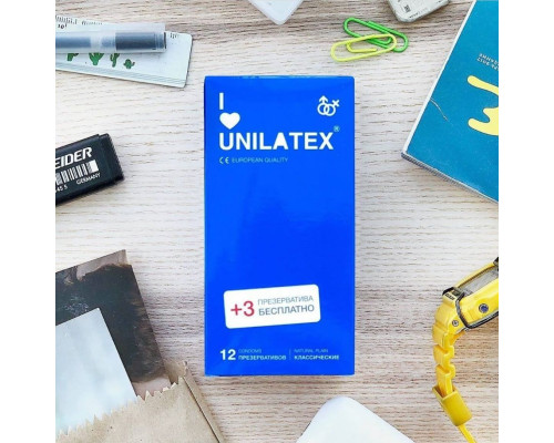 Классические презервативы Unilatex Natural Plain - 12 шт. + 3 шт. в подарок
