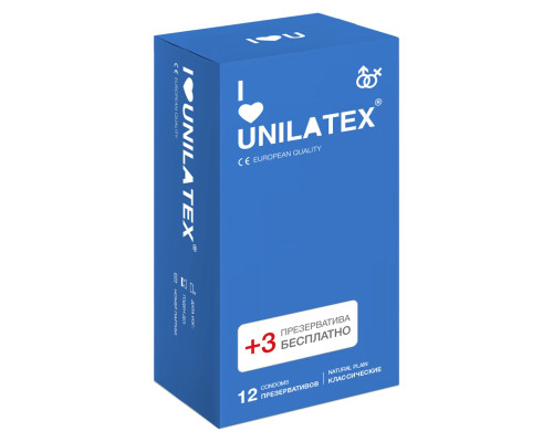 Классические презервативы Unilatex Natural Plain - 12 шт. + 3 шт. в подарок