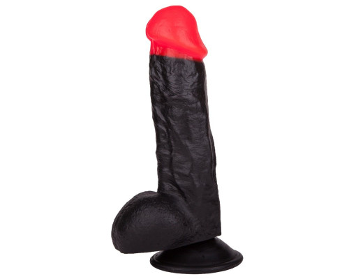 Чёрный фаллоимитатор с красной головкой - 17 см.