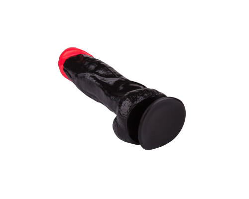 Чёрный фаллоимитатор с красной головкой - 20 см.