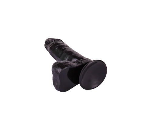 Чёрный фаллоимитатор с мошонкой на присоске - 16 см.