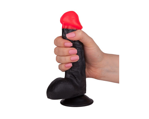 Чёрный фаллоимитатор с красной головкой - 17 см.