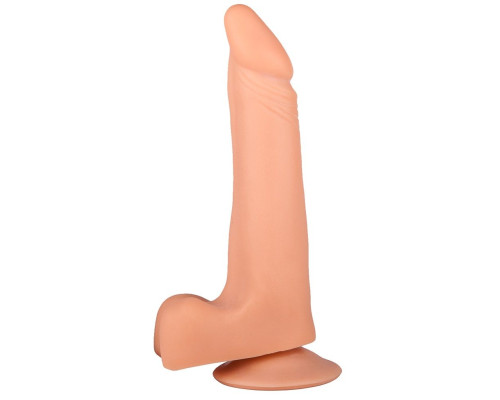 Телесный фаллоимитатор с мошонкой на присоске - 19 см.