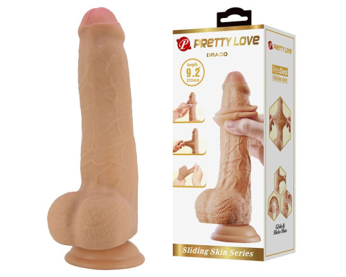 Телесный фаллоимитатор с подвижной кожей Draco - 23,3 см.