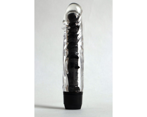 Прозрачно-черный вибратор с дополнительными пупырышками - 17 см.