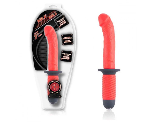 Красный вибратор с двумя моторами и рукоятью