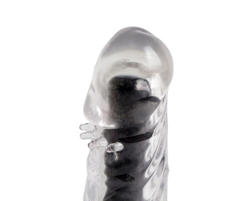 Прозрачно-черный вибратор с дополнительными пупырышками - 17 см.