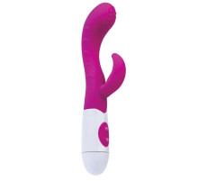 Ярко-розовый вибратор Nessy с клиторальным стимулятором - 20 см.