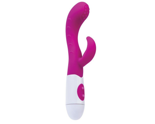 Ярко-розовый вибратор Nessy с клиторальным стимулятором - 20 см.