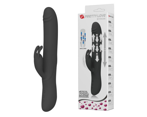Черный вибратор-кролик Byron с движущимися шариками - 25 см.