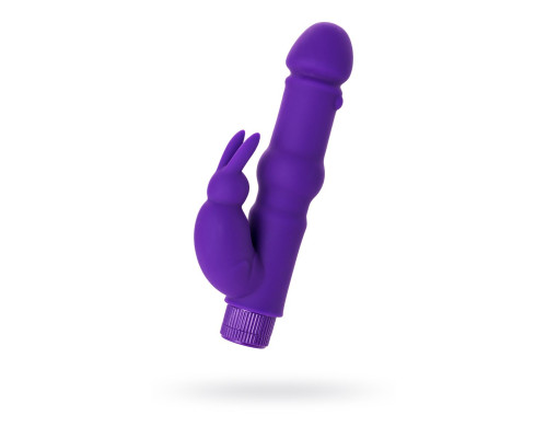 Фиолетовый вибратор с утолщением посередине и клиторальным зайчиком - 18 см.