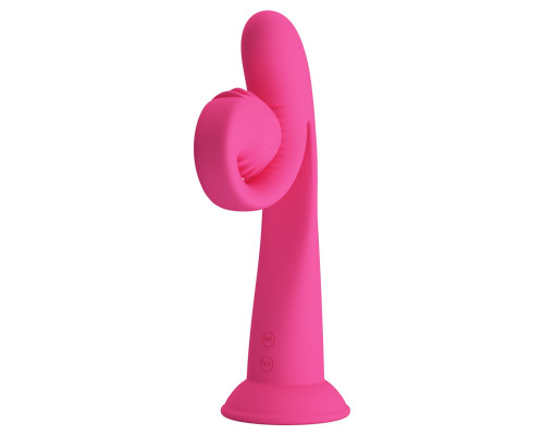 Розовый вибратор на присоске с закрученным клиторальным отростком - 20 см.