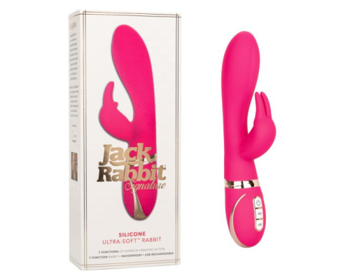Розовый силиконовый вибратор с клиторальным отростком Signature Silicone Ultra-Soft Rabbit - 22,75 см.