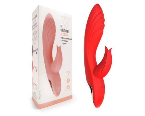 Красный вибратор-кролик 5’’ Silicone Kissing - 20,2 см.