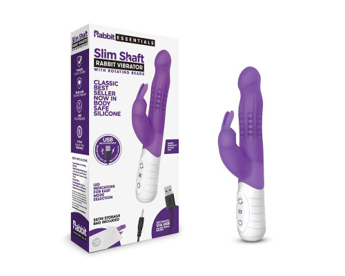 Фиолетовый тонкий вибратор-кролик с клиторальным отростком - 22 см.