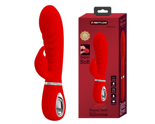 Красный вибратор-кролик с рёбрышками Prescott - 20 см.