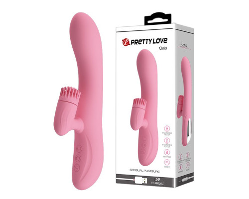 Розовый вибратор-кролик Chris с клиторальной щеточкой - 20,5 см.