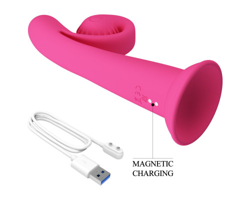 Розовый вибратор на присоске с закрученным клиторальным отростком - 20 см.