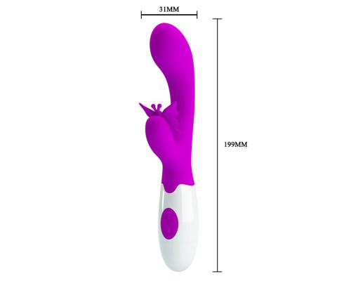 Лиловый вибратор с клиторальным стимулятором-бабочкой Butterfly Kiss - 19,9 см.
