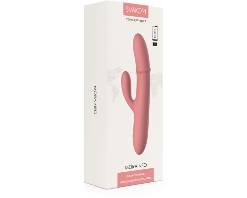 Розовый интерактивный вибратор-кролик Mora Neo с кольцом из бусин - 19,5 см.