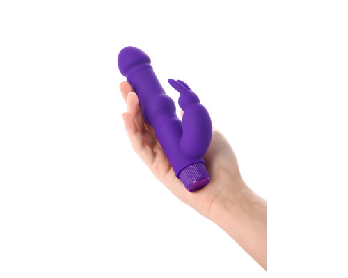 Фиолетовый вибратор с утолщением посередине и клиторальным зайчиком - 18 см.