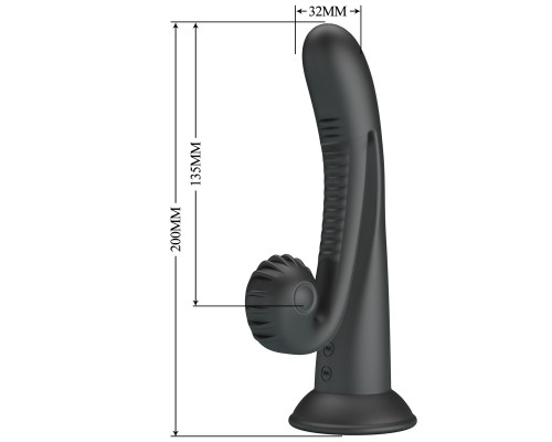 Черный вибратор на присоске с закрученным клиторальным отростком - 20 см.