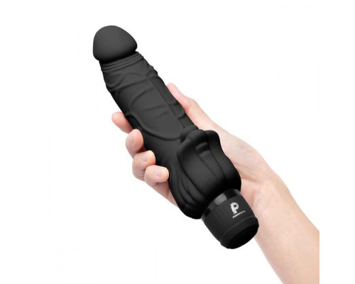 Черный вибратор-реалистик с клиторальными лепестками 7  Realistic Vibrator - 21,5 см.