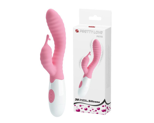 Нежно-розовый вибратор с клиторальным отростком и ребрами Pete - 20 см.
